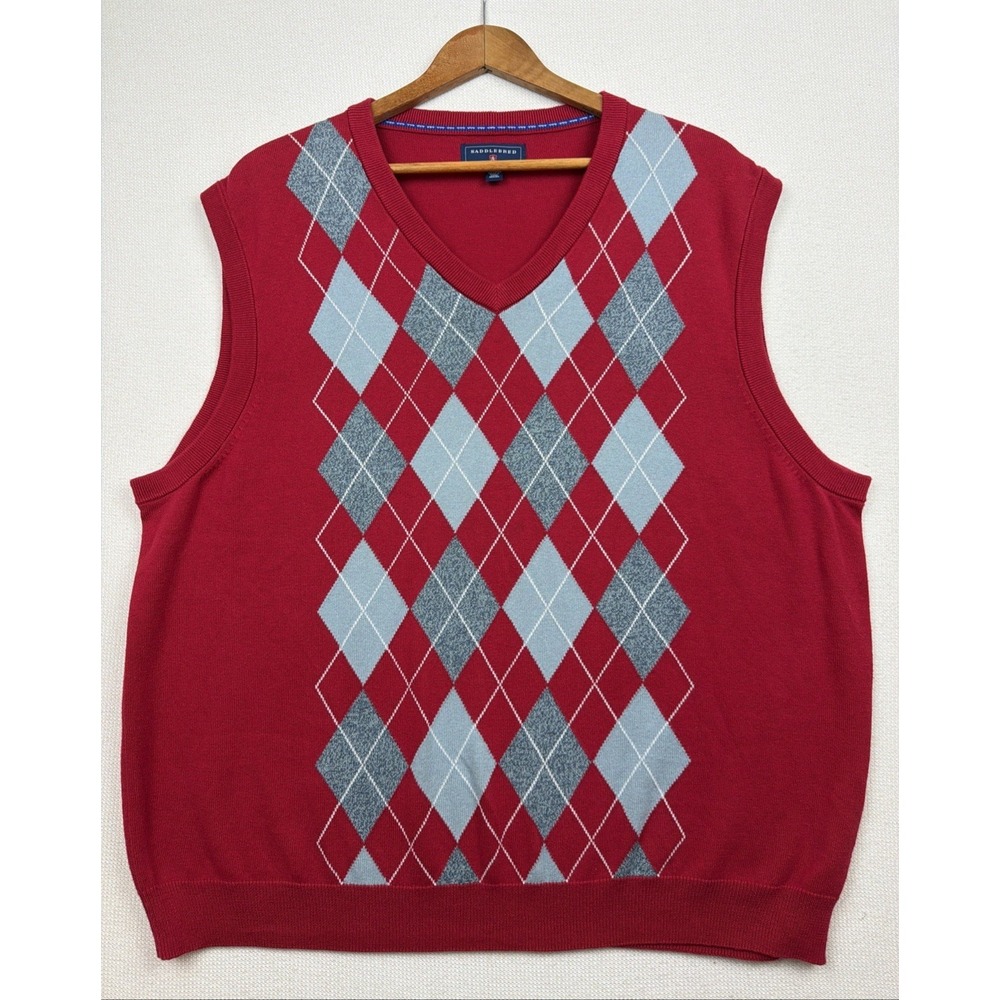 Saddlebred Men's V Neck Argyle‎ Sweater Vest Red Gray XL 100% Cotton Preppy Golf
